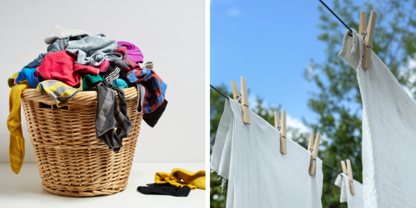 laundry hygiene - clothes basket and laundry drying on the line